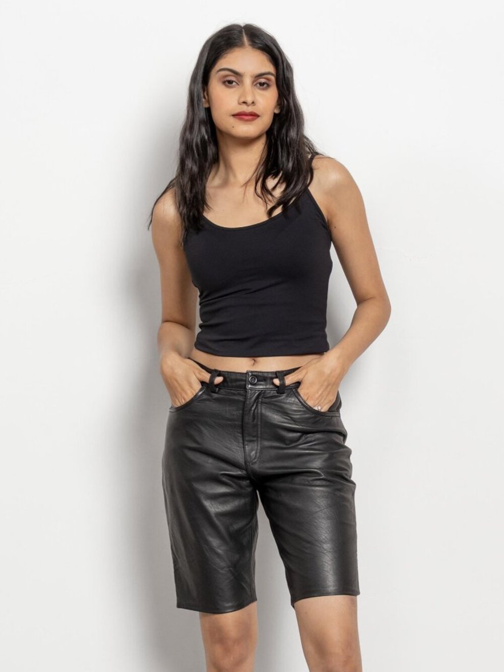 LEATHER Shorts Vintage Black Women Low Rise / 38 Inch Hips